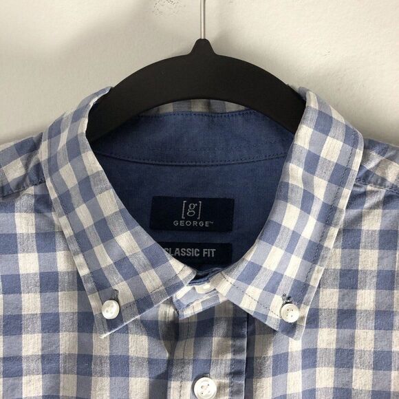 George Classic Fit Men’s Size Small (34-36) Gingham Gray Blue Button Down Shirt - Picture 5 of 16